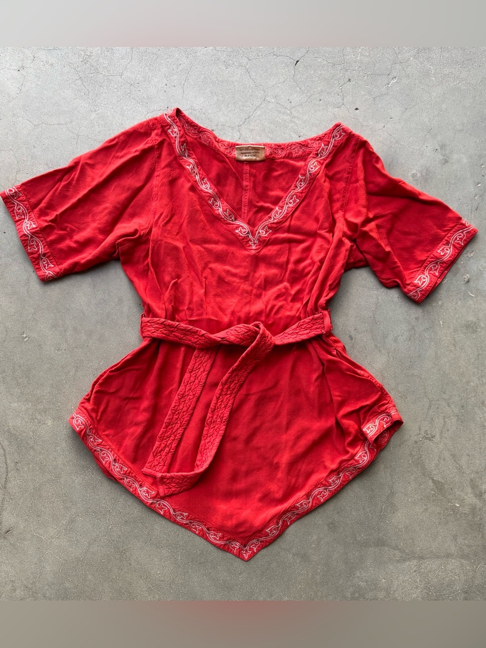 Holy Clothing L Red Embroidered V-Neck Tunic Top 100% Rayon Boho Ren Faire